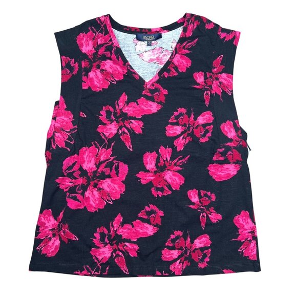 Rachel Roy Womens Sleeveless V-Neck Lightweight Black & Pink Floral Top Large - Picture 1 of 10